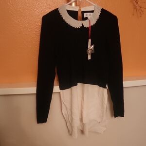 Elle Monochrome Scalloped Collar. Long Sleeve Sweater ( Black & Ivory)
